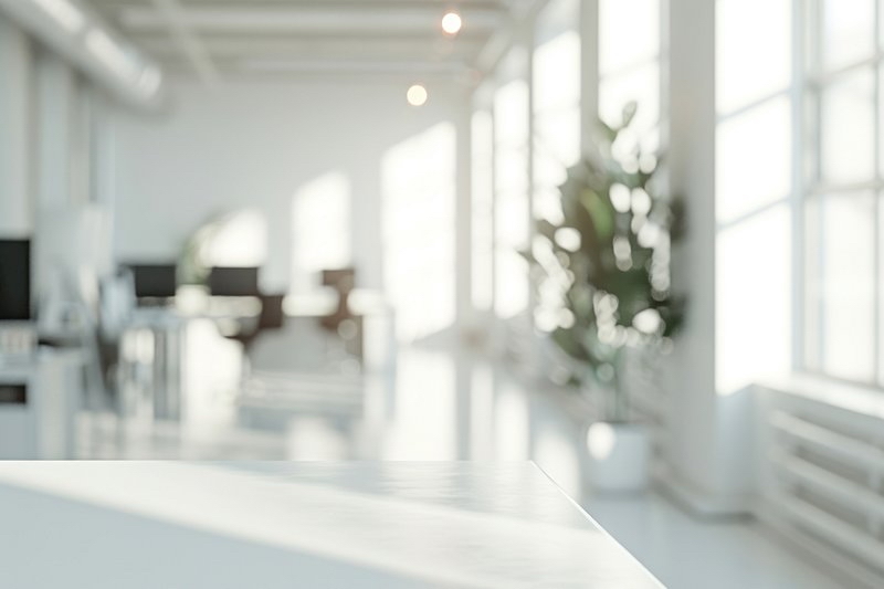 Bright modern office interior with sunlight streaming through large windows