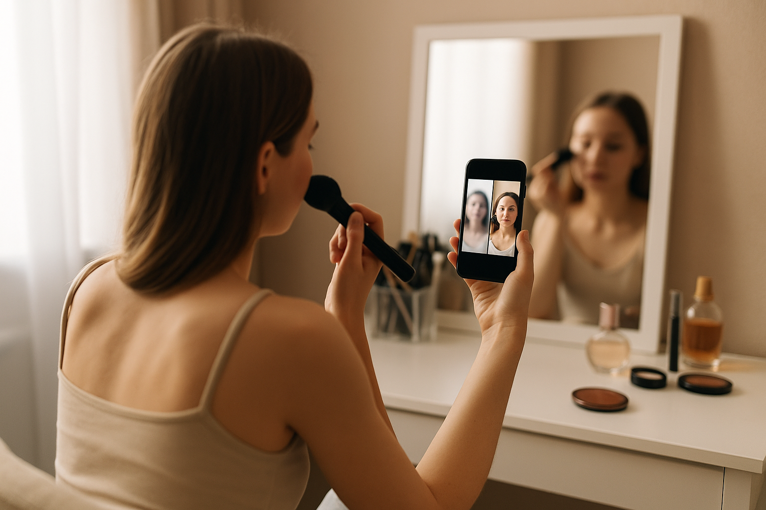 Woman filming a makeup selfie while applying foundation with a brush
